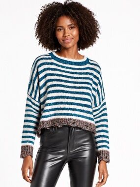 PRIMA Striped Fuzzy Fringe Cropped Sweater NWOT Small Blue White Coastal Chic